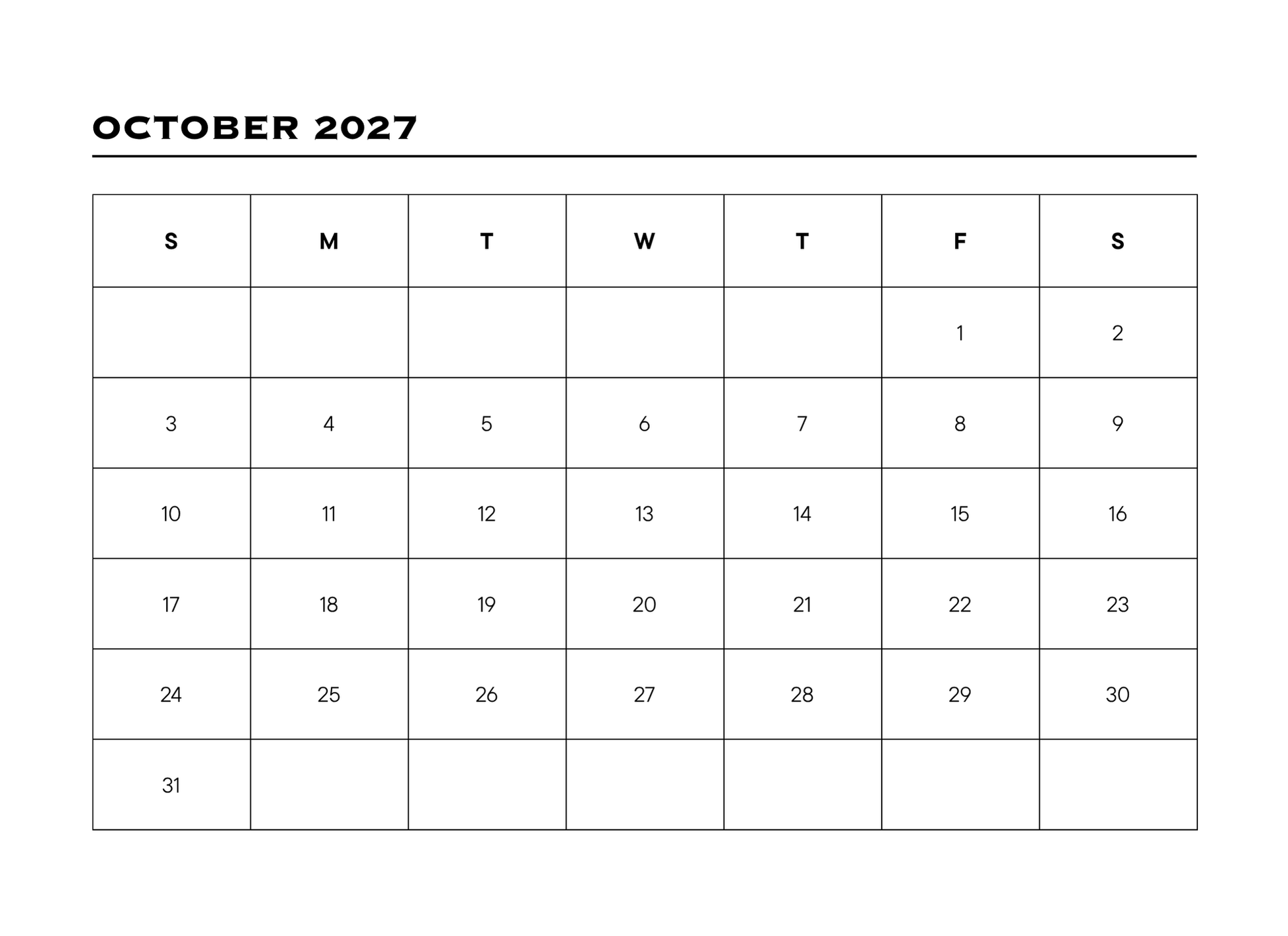 Calendar for October 2027 with days of the week labeled.