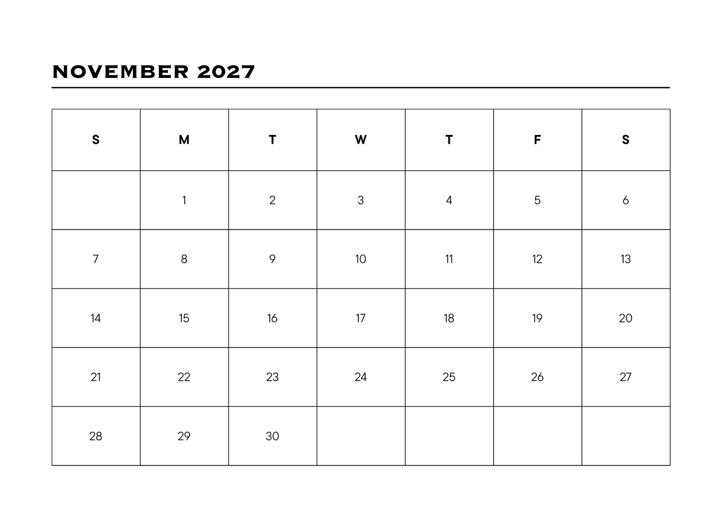Calendar for November 2027 with days of the week labeled.