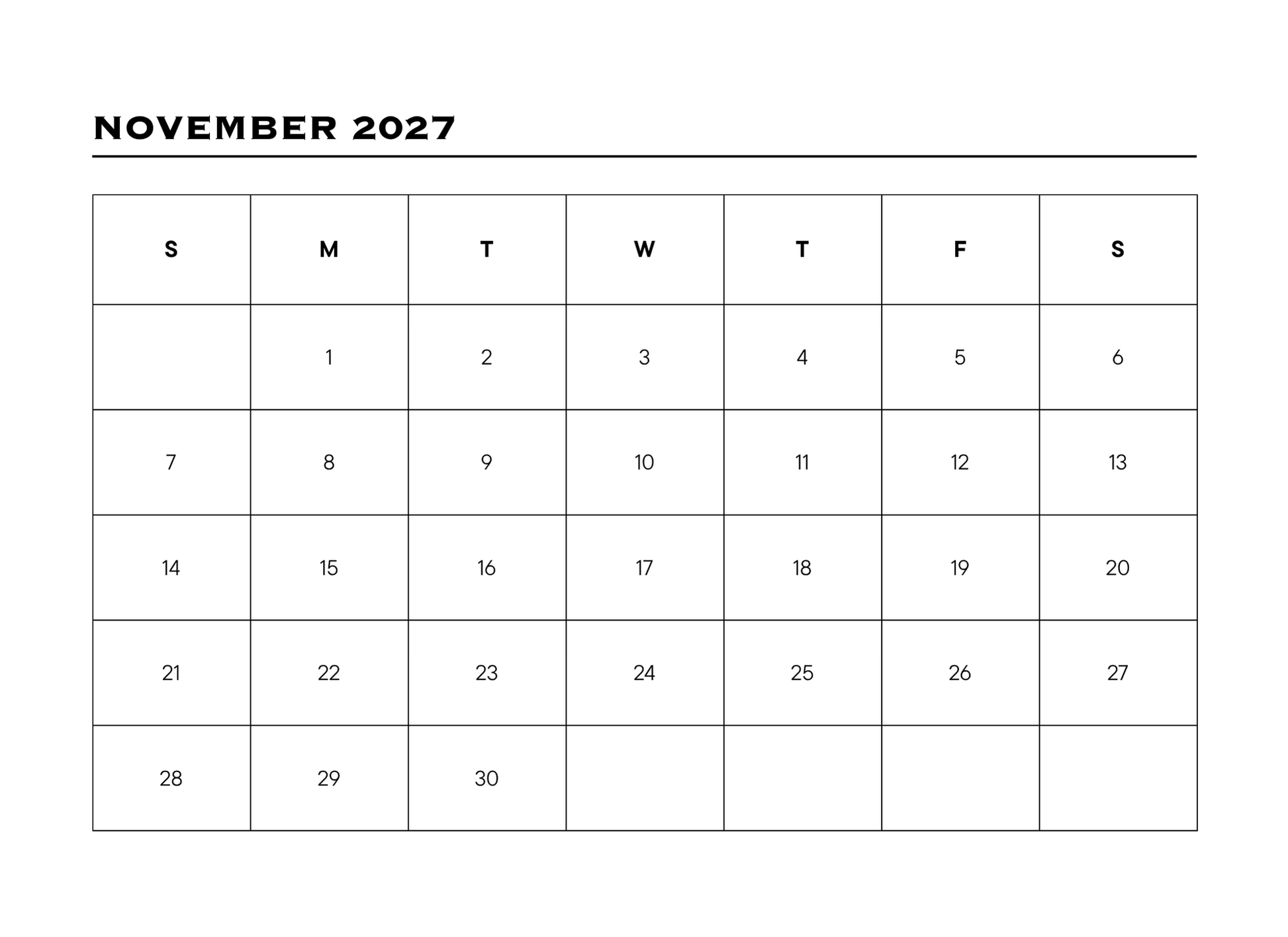 Calendar for November 2027 with days of the week labeled.