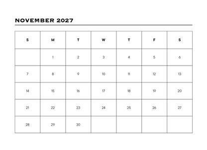 Calendar for November 2027 with days of the week labeled.