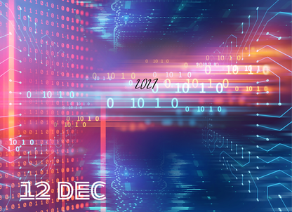 Digital art with binary code and futuristic design elements, featuring the year 2071 and date 12 Dec.