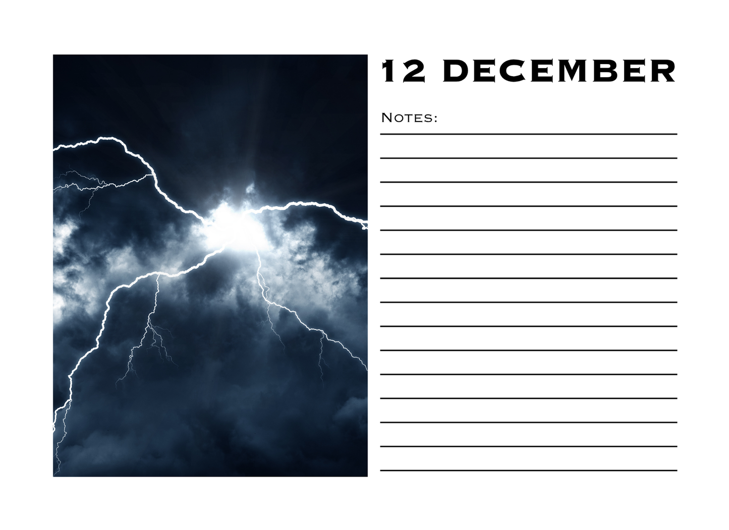 Calendar page with a stormy sky and lightning on the left, and a notes section on the right for 12 December.