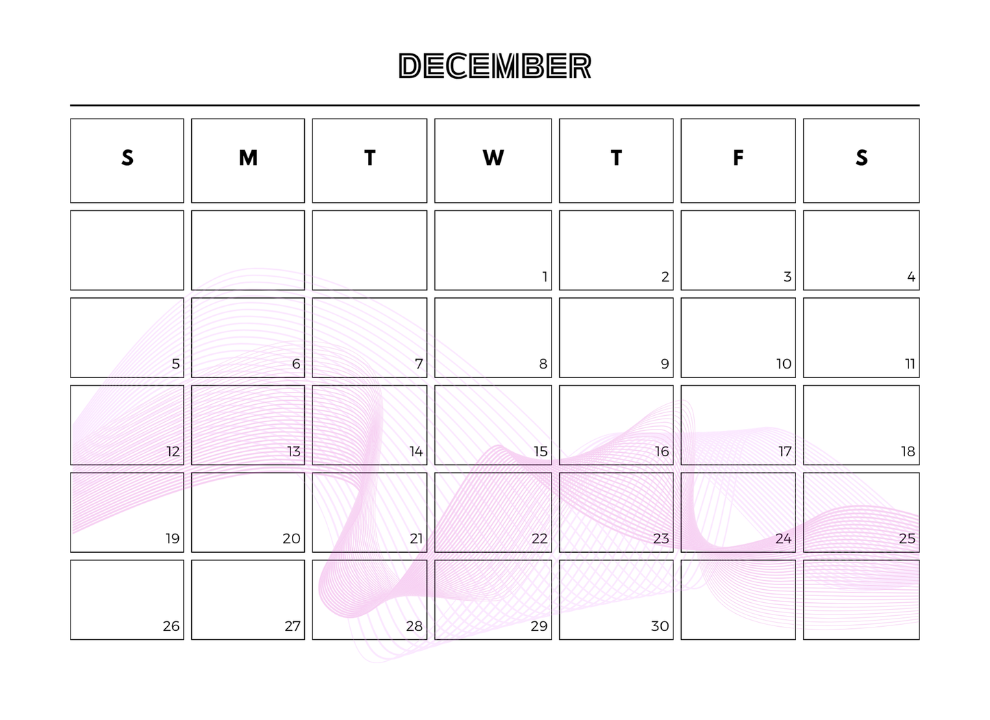 Calendar for December with watercolor design on a white background