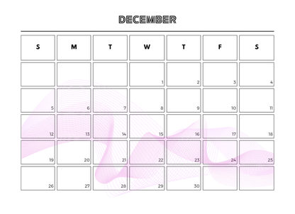 Calendar for December with watercolor design on a white background