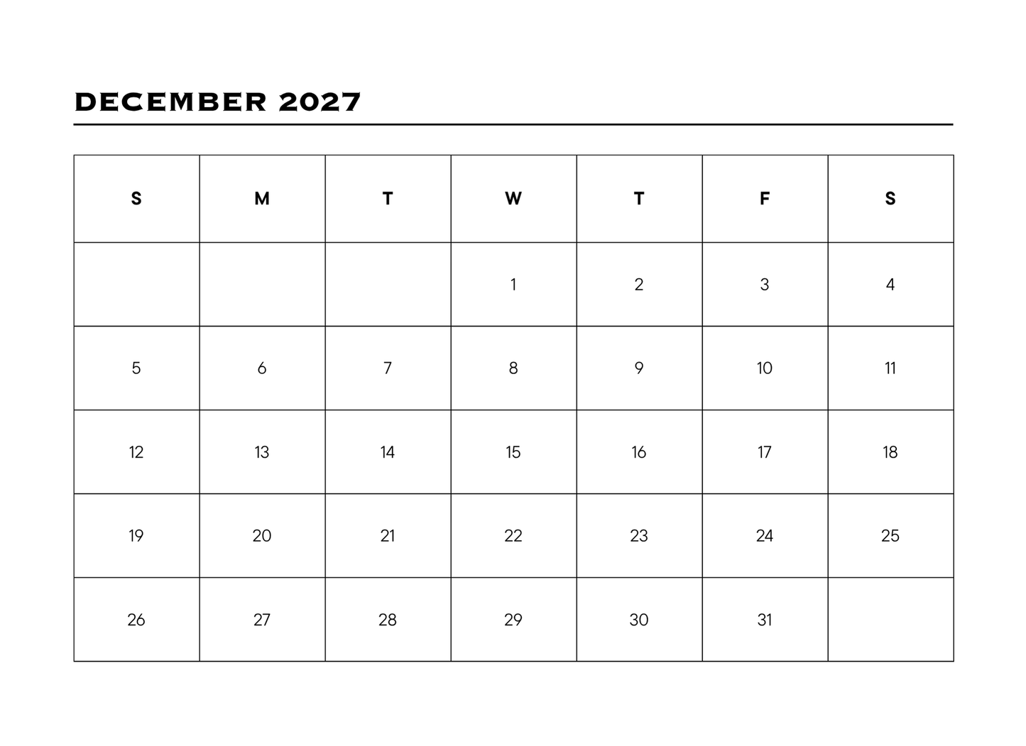 Calendar for December 2027 with days of the week labeled.
