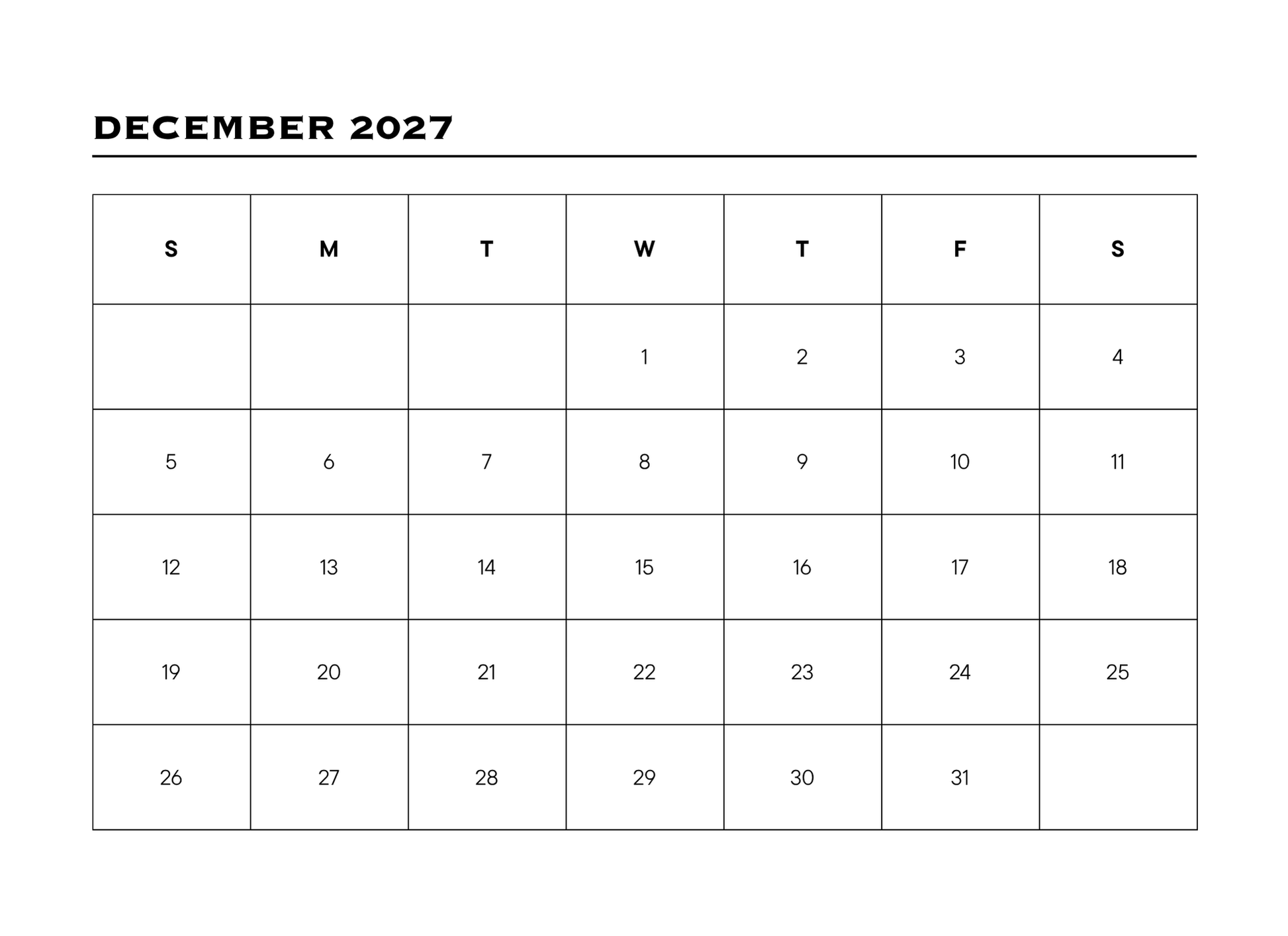 Calendar for December 2027 with days of the week labeled.