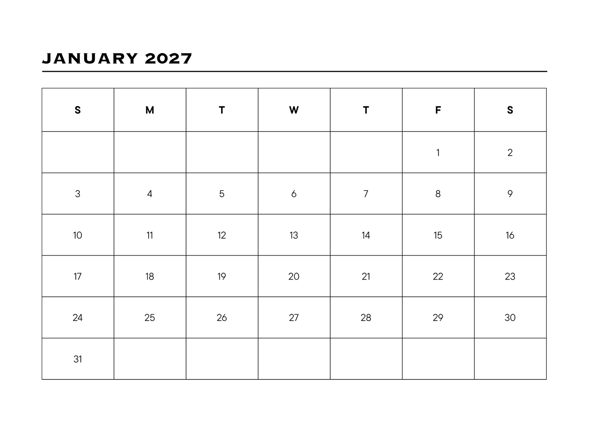 Calendar for January 2027 with days of the week labeled.