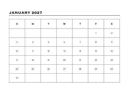 Calendar for January 2027 with days of the week labeled.