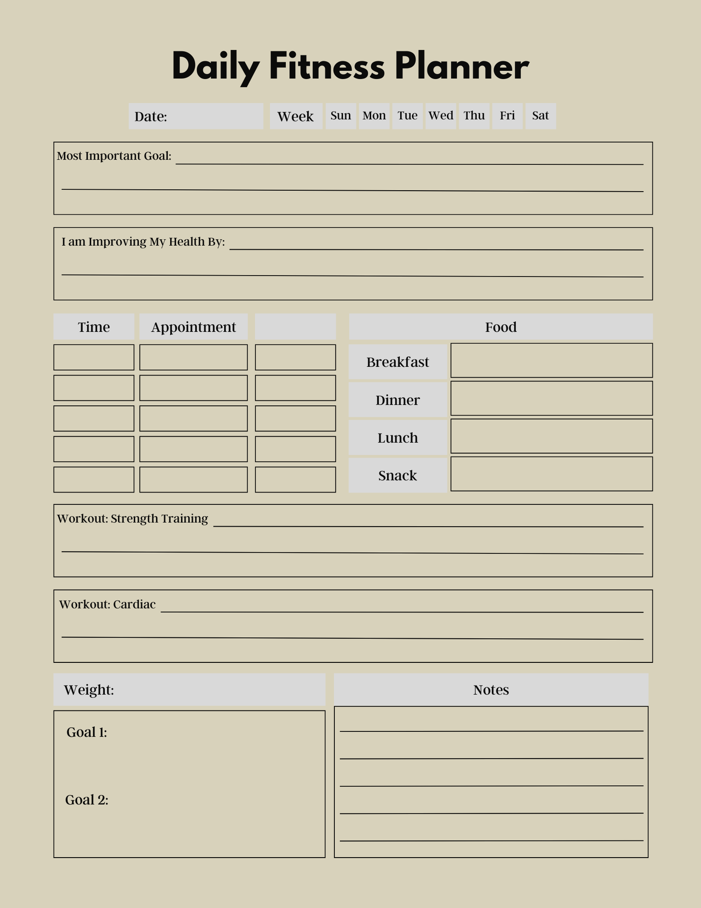 Daily Fitness Planner with various sections for tracking activities and meals on a beige background.