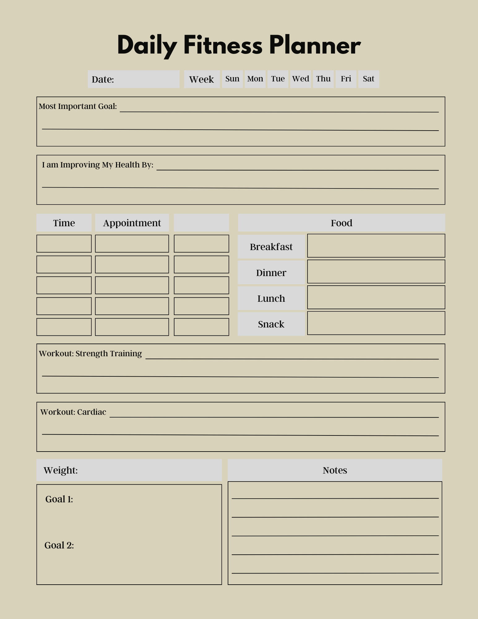 Daily Fitness Planner with various sections for tracking activities and meals on a beige background.