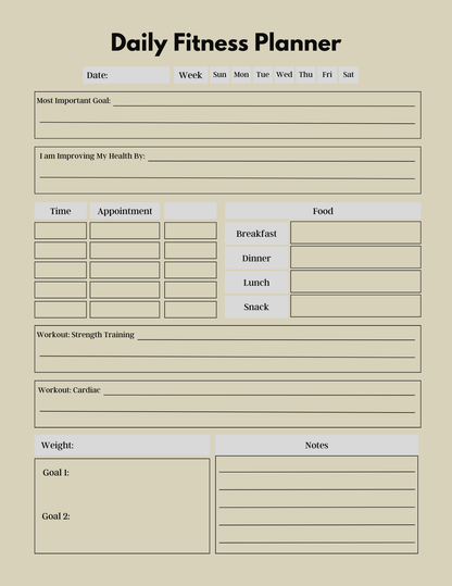 Daily Fitness Planner with various sections for tracking activities and meals on a beige background.