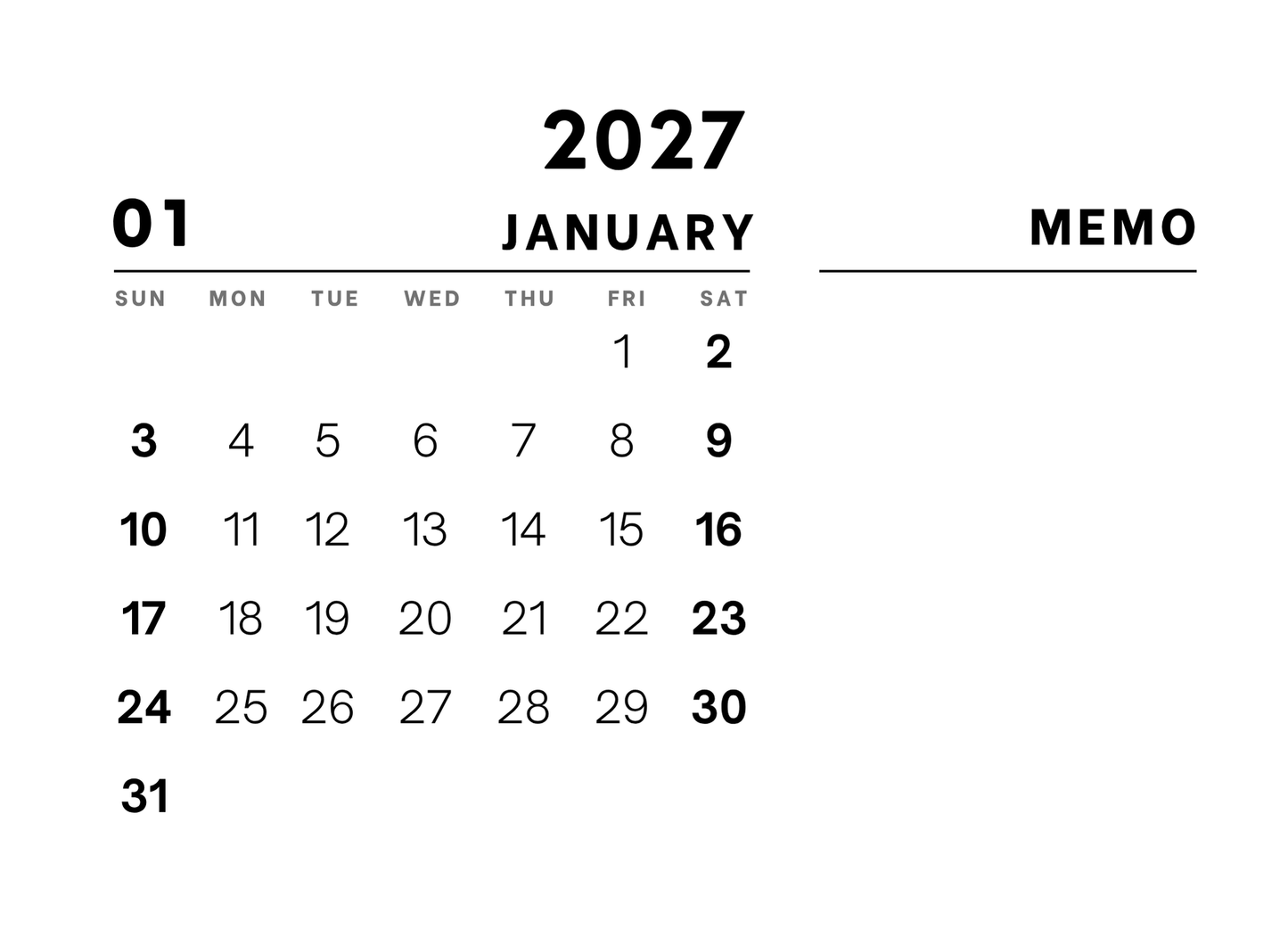 Calendar for January 2027 with a memo section on a white background