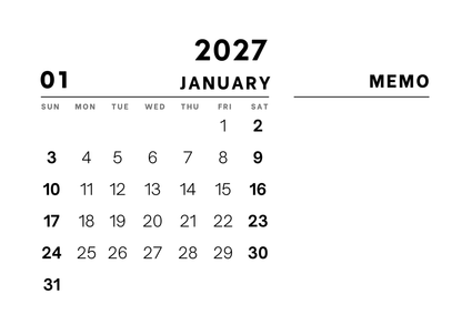 Calendar for January 2027 with a memo section on a white background