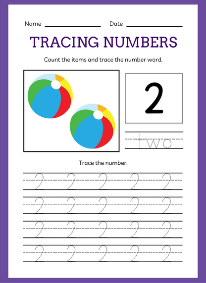 Tracing numbers worksheet for children with number 2 and word 'two'.