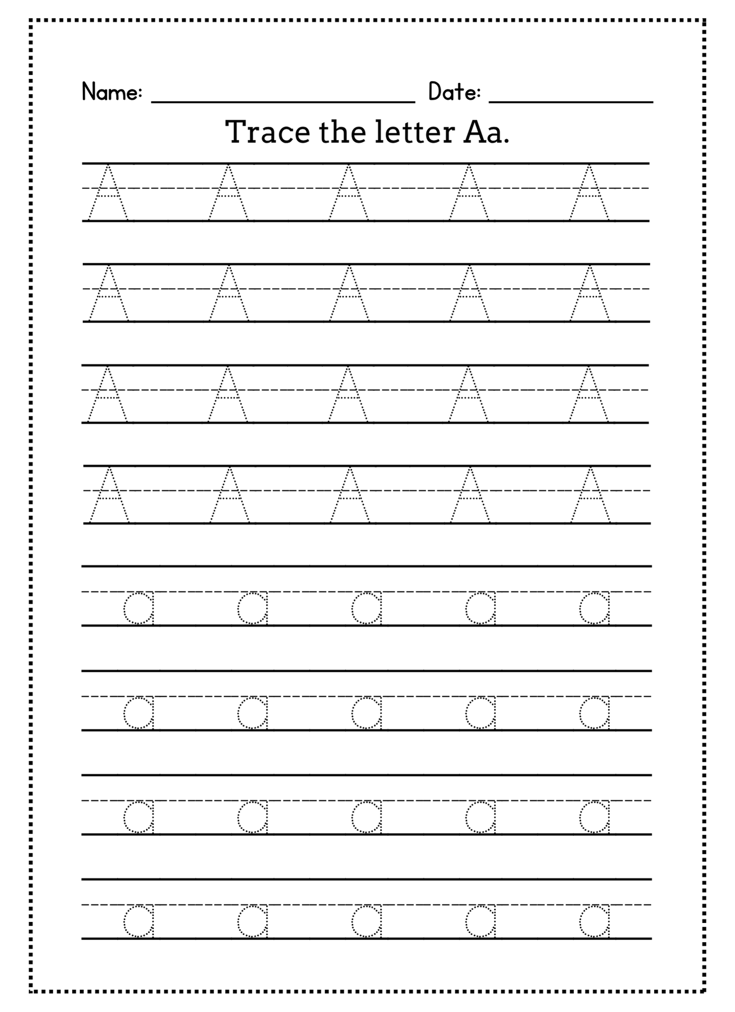 Worksheet for tracing the letter 'A' with lines and circles.