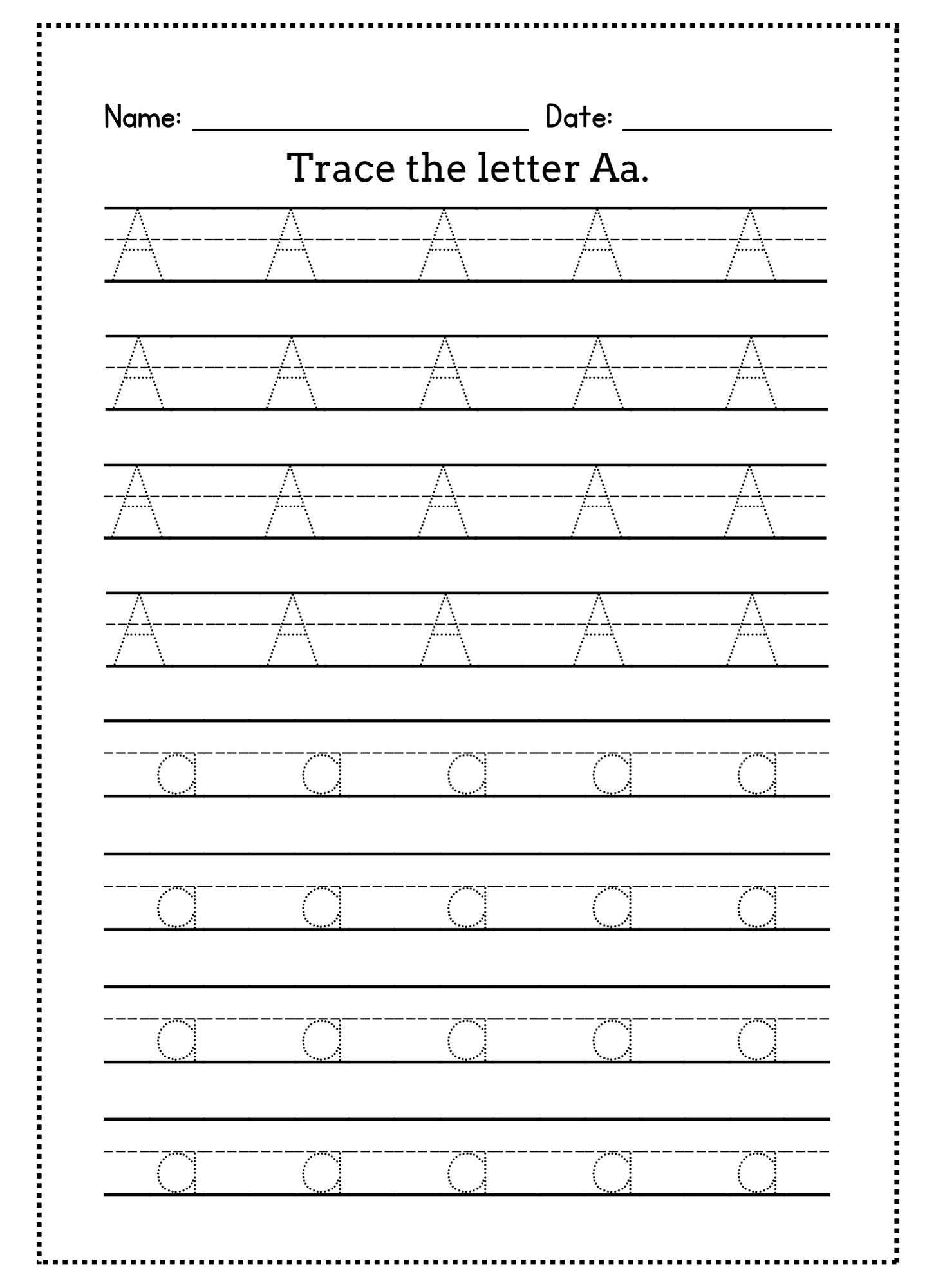 Worksheet for tracing the letter 'A' with lines and circles.