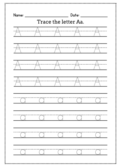 Worksheet for tracing the letter 'A' with lines and circles.