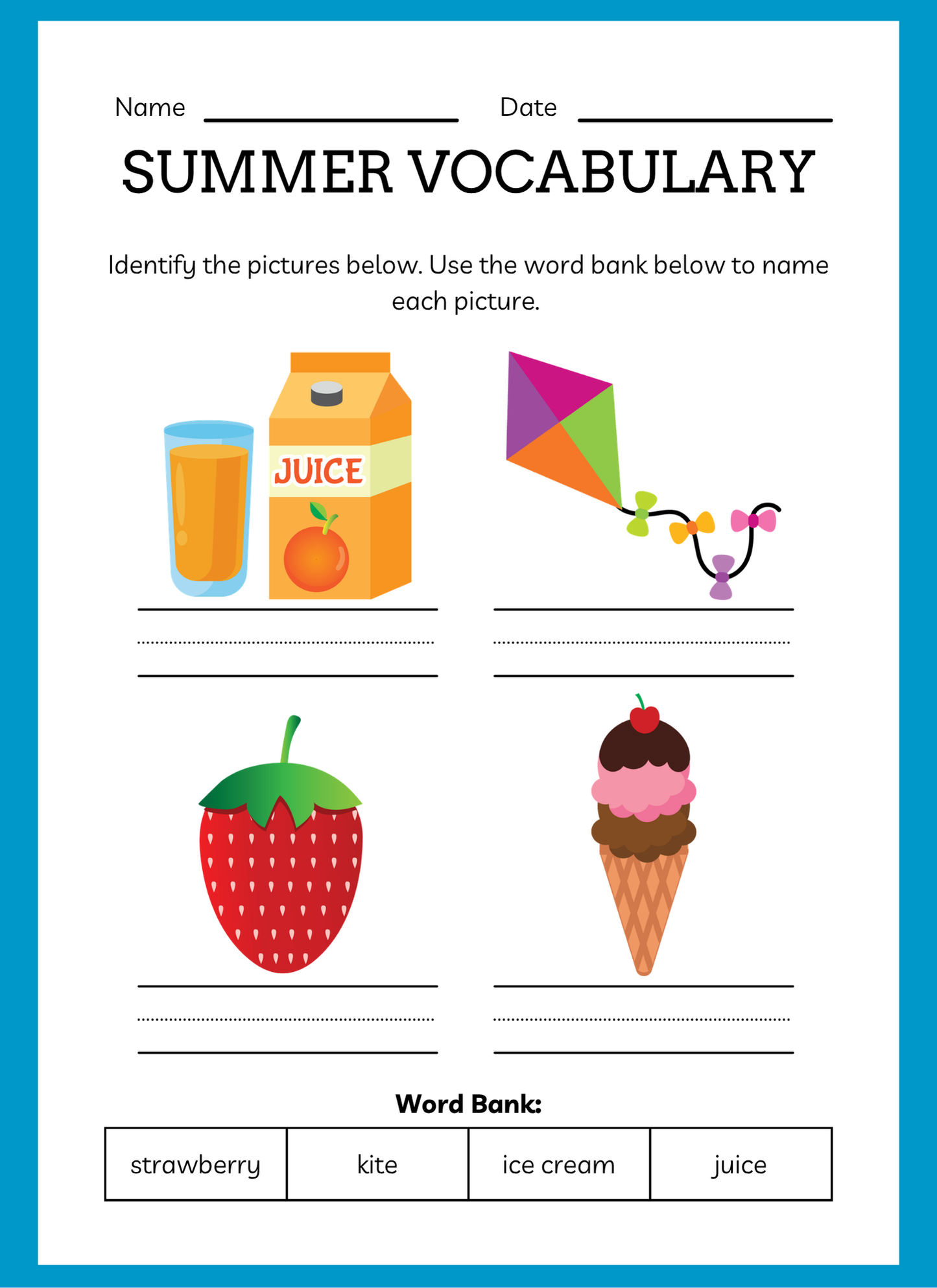 Summer vocabulary worksheet with illustrations and word bank on a blue border