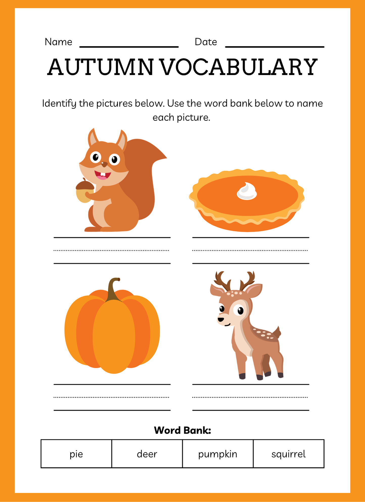 Autumn vocabulary worksheet with illustrations of a squirrel, pie, pumpkin, and deer, and a word bank below.