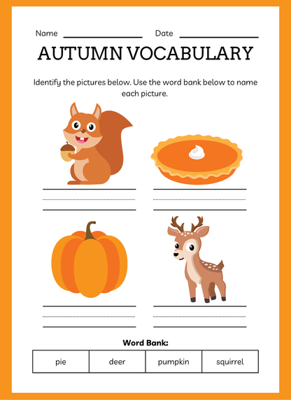 Autumn vocabulary worksheet with illustrations of a squirrel, pie, pumpkin, and deer, and a word bank below.