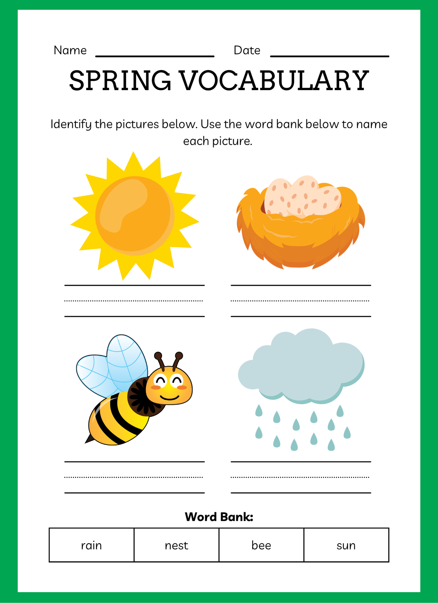 Spring vocabulary worksheet with illustrations and word bank on a green border