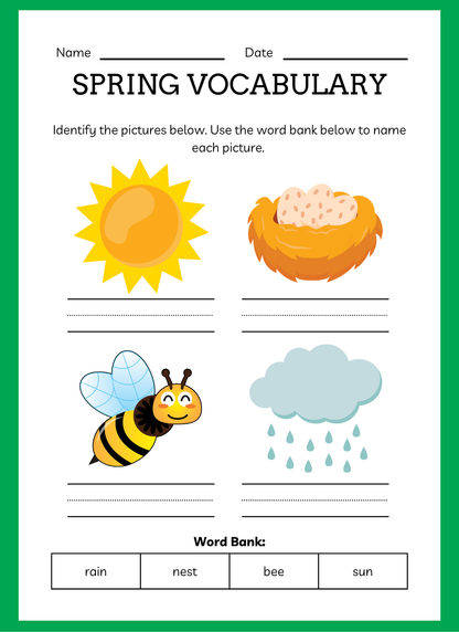Spring vocabulary worksheet with illustrations and word bank on a green border