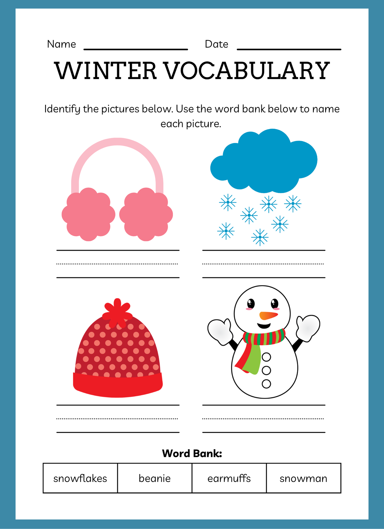 Winter vocabulary worksheet with illustrations of earmuffs, snowflakes, a beanie, and a snowman, and a word bank below.