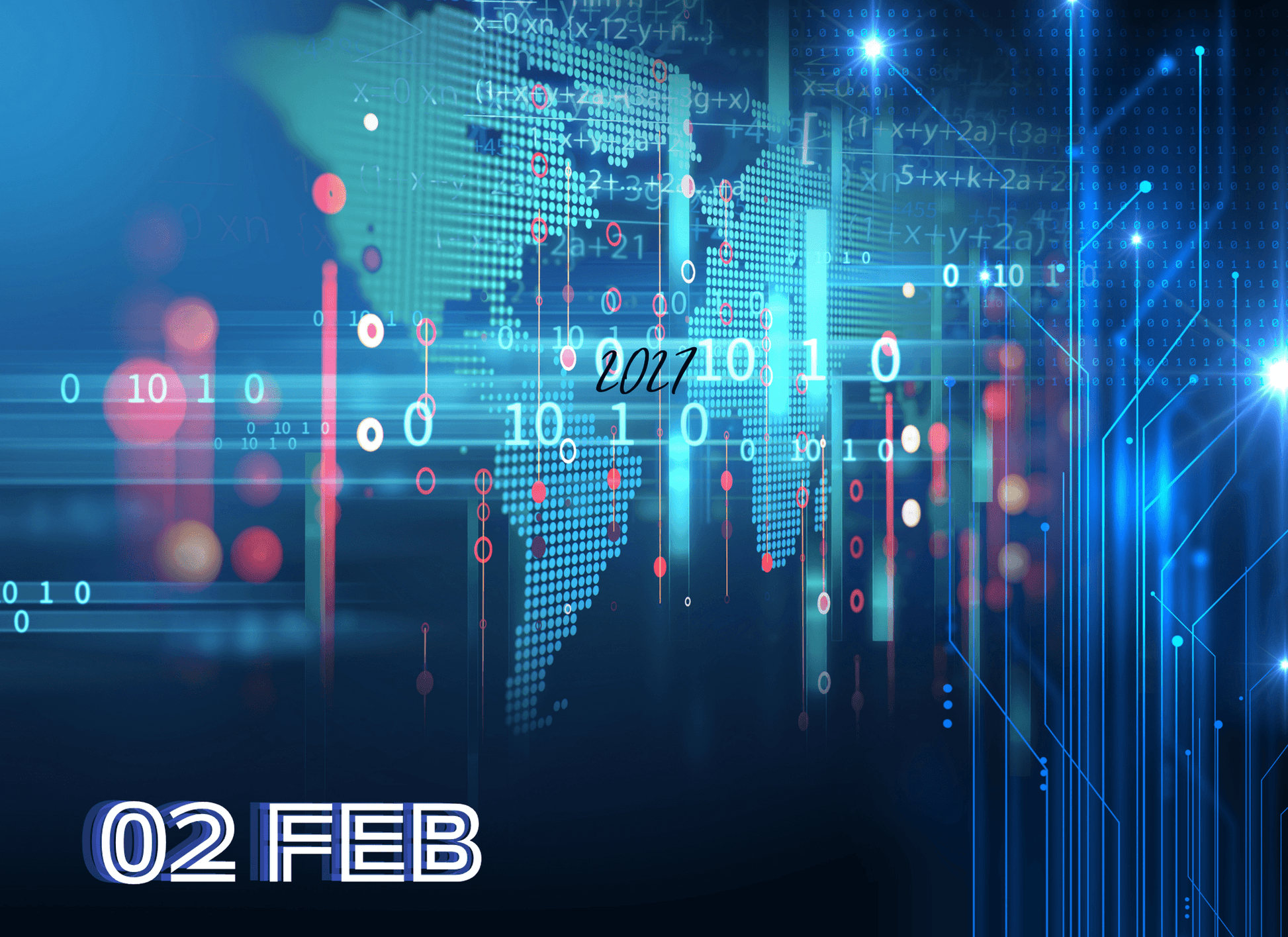 Digital world map with binary code and '02 FEB' text on a dark background
