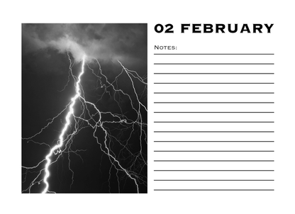 Calendar page with a lightning bolt graphic and a blank note section for February 2nd.