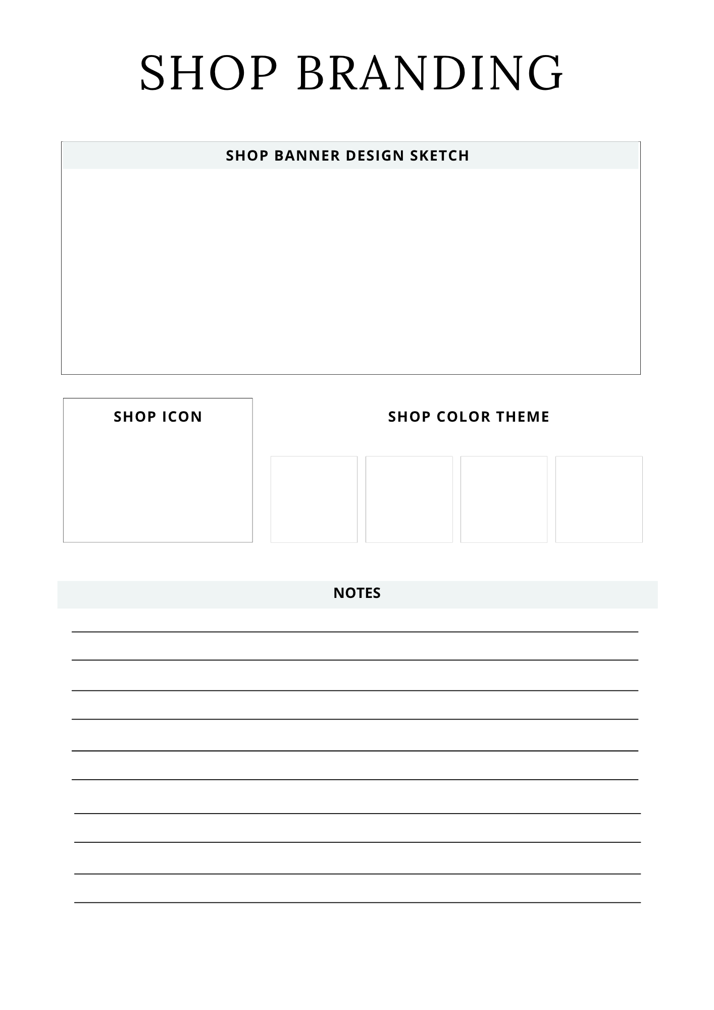 Design sketch template for shop branding with sections for shop icon, color theme, and notes.