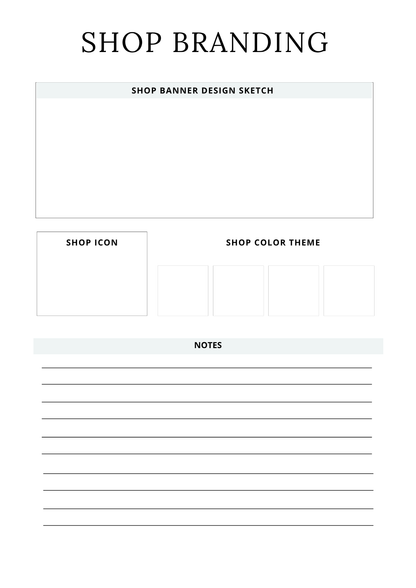 Design sketch template for shop branding with sections for shop icon, color theme, and notes.
