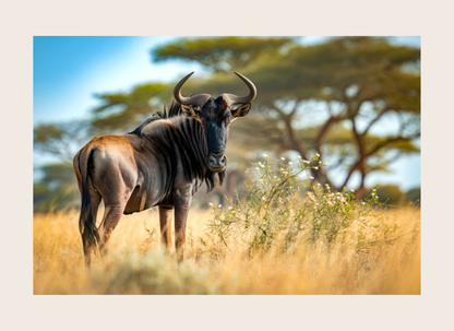  Wildebeest standing in a grassy savanna with trees in the background