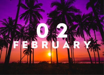 Palm trees with a sunset and '02 February' text on a purple and orange gradient background