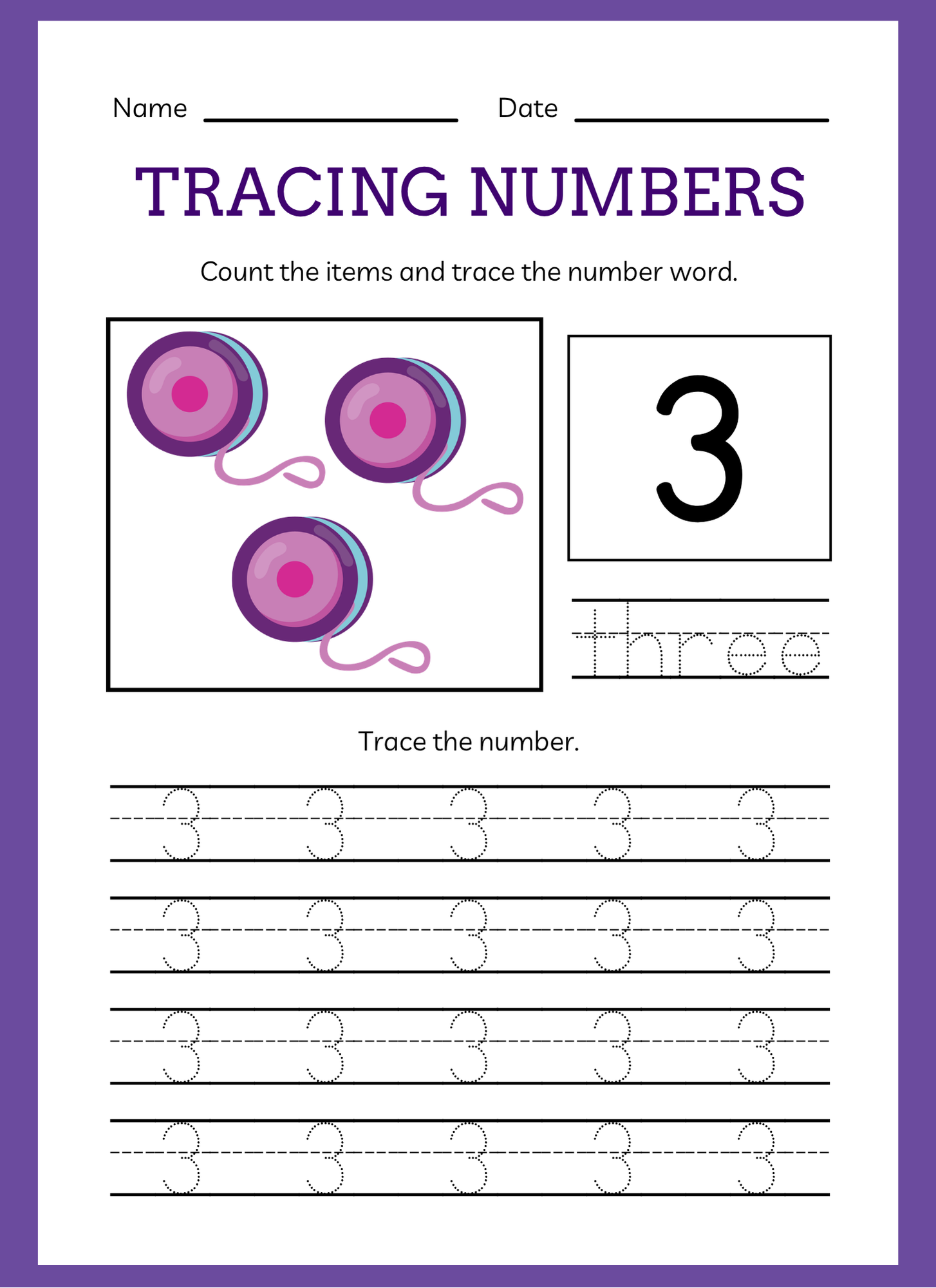 Tracing numbers worksheet for children with a purple border and number 3 example.
