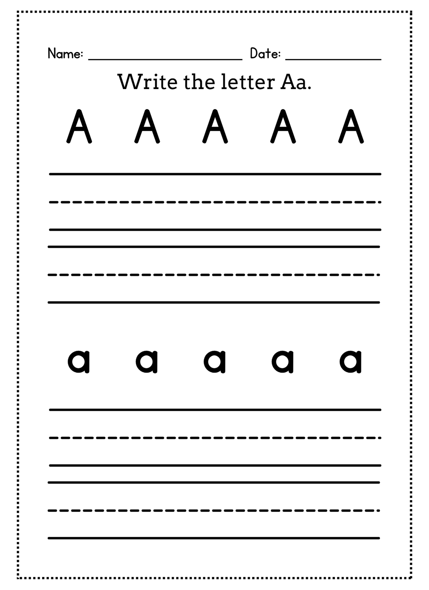 Worksheet for practicing the letter 'A' with uppercase and lowercase examples.