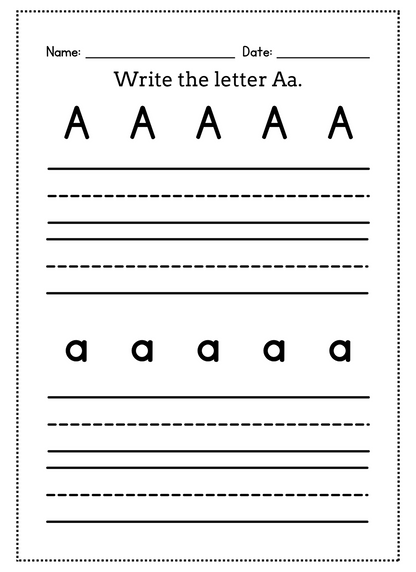 Worksheet for practicing the letter 'A' with uppercase and lowercase examples.