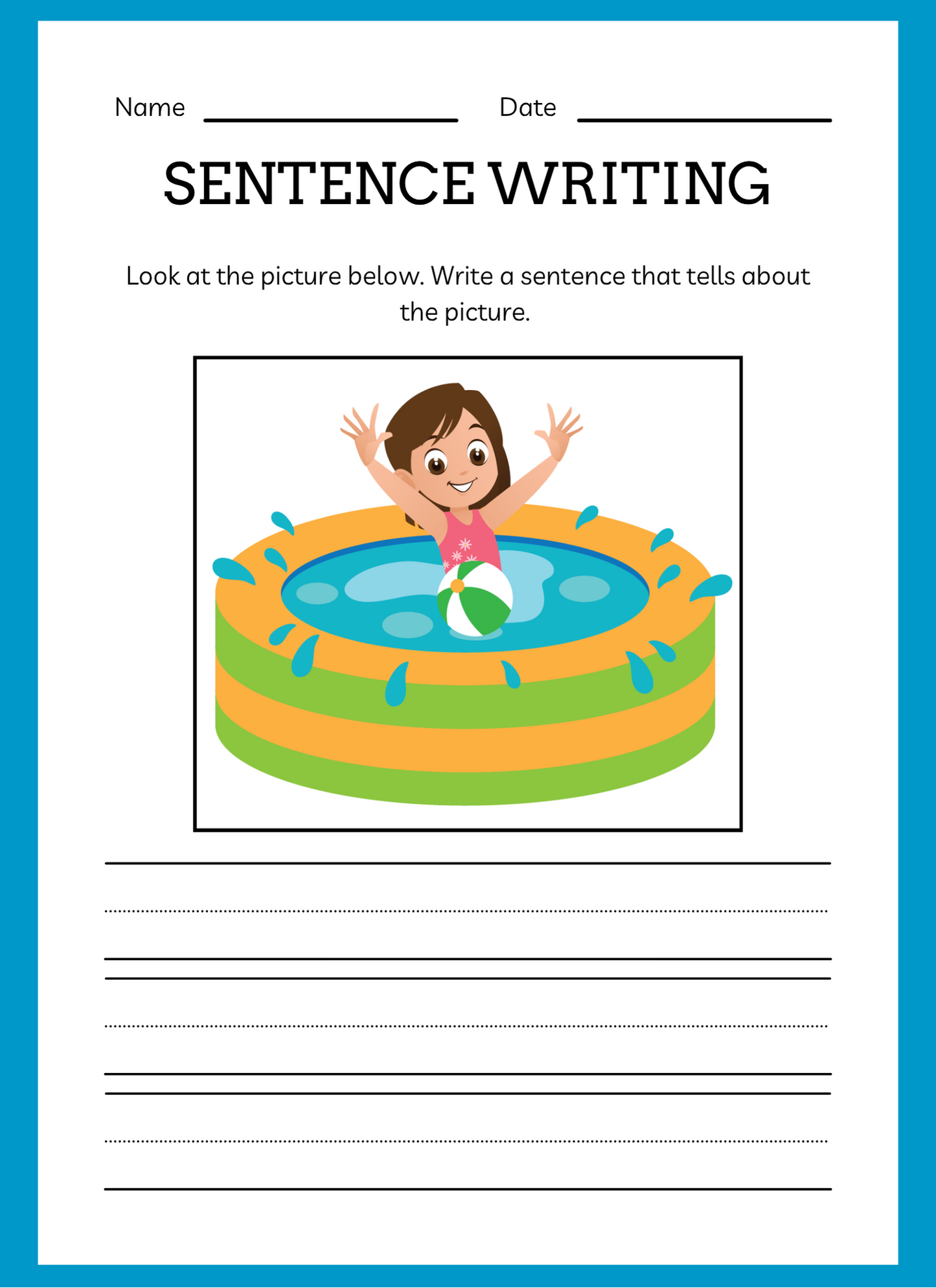 Sentence writing worksheet with a child in an inflatable pool illustration