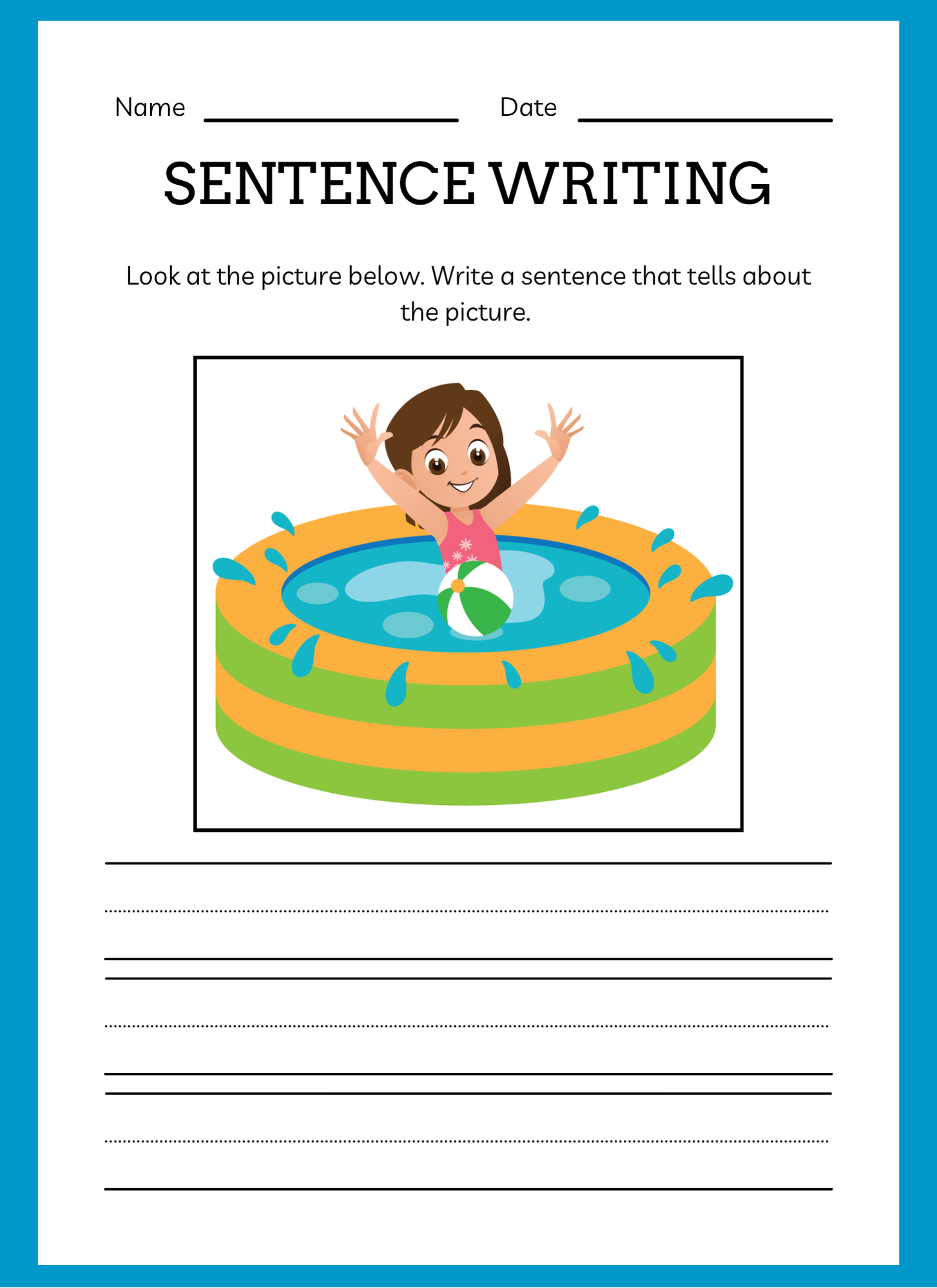 Sentence writing worksheet with a child in an inflatable pool illustration