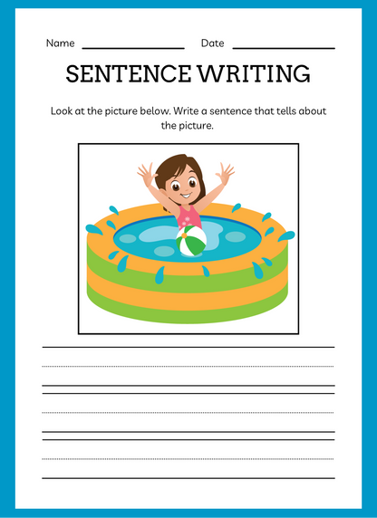 Sentence writing worksheet with a child in an inflatable pool illustration