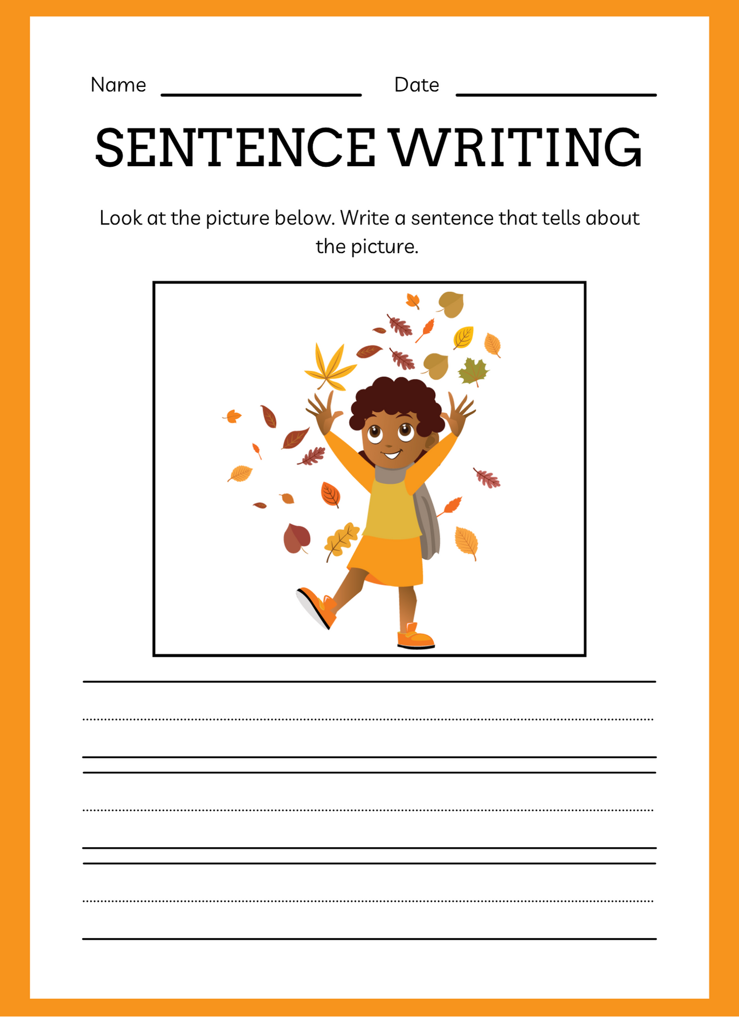 Sentence writing worksheet with a child in an orange shirt and scarf surrounded by autumn leaves.
