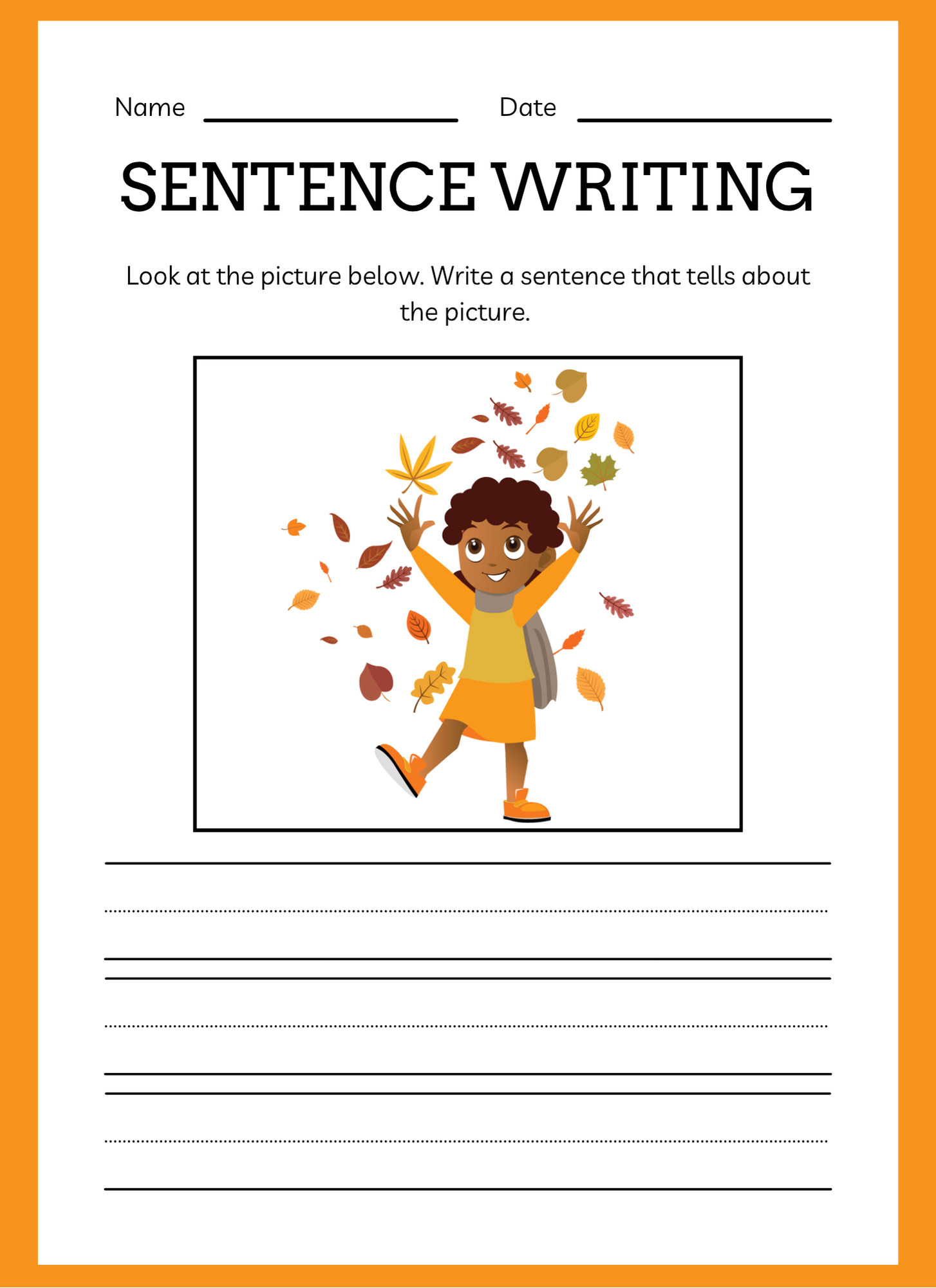 Sentence writing worksheet with a child in an orange shirt and scarf surrounded by autumn leaves.