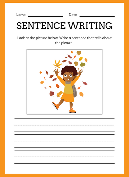 Sentence writing worksheet with a child in an orange shirt and scarf surrounded by autumn leaves.