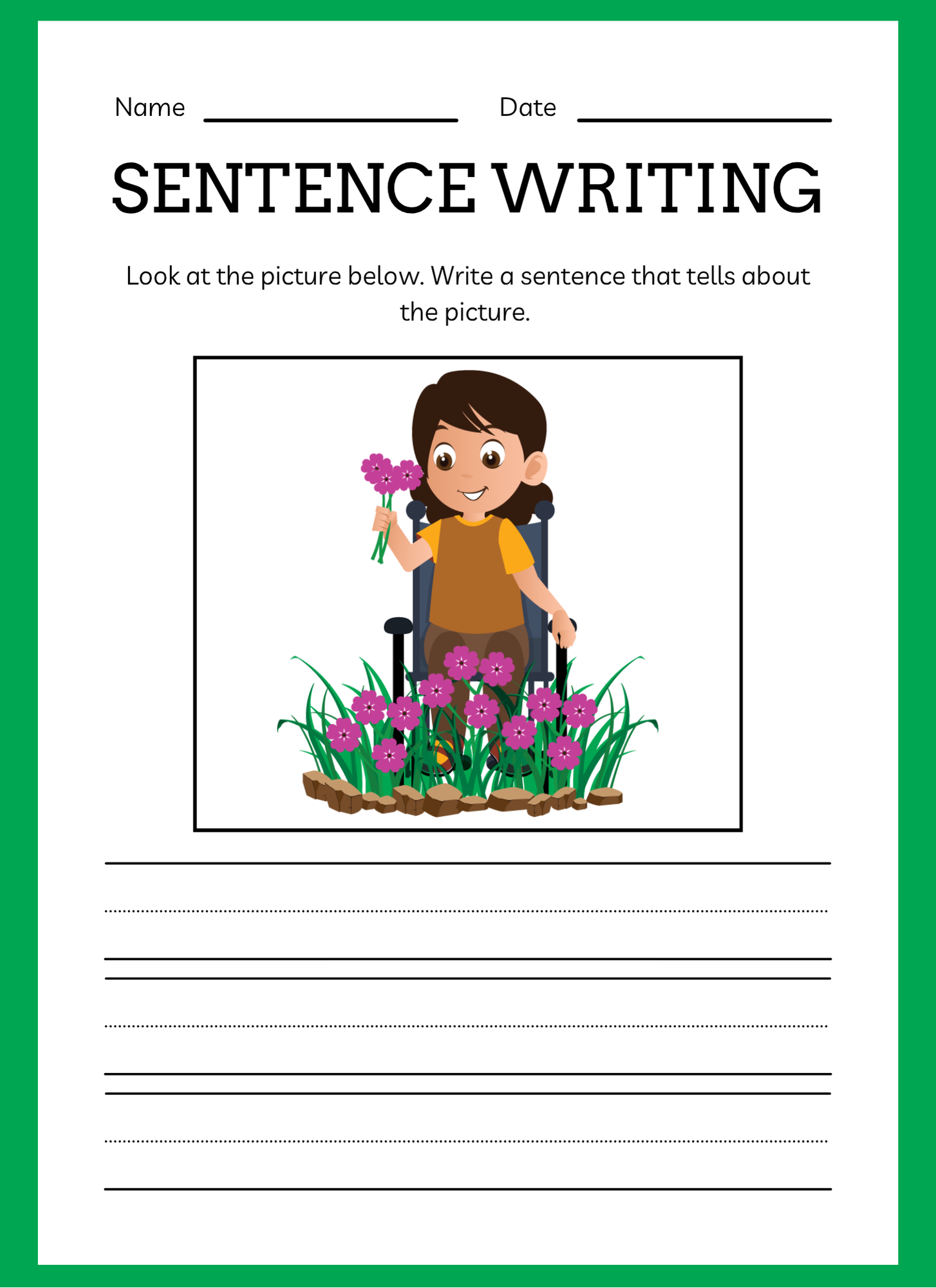 Sentence writing worksheet with a cartoon character holding flowers and surrounded by plants.