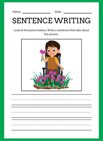 Sentence writing worksheet with a cartoon character holding flowers and surrounded by plants.