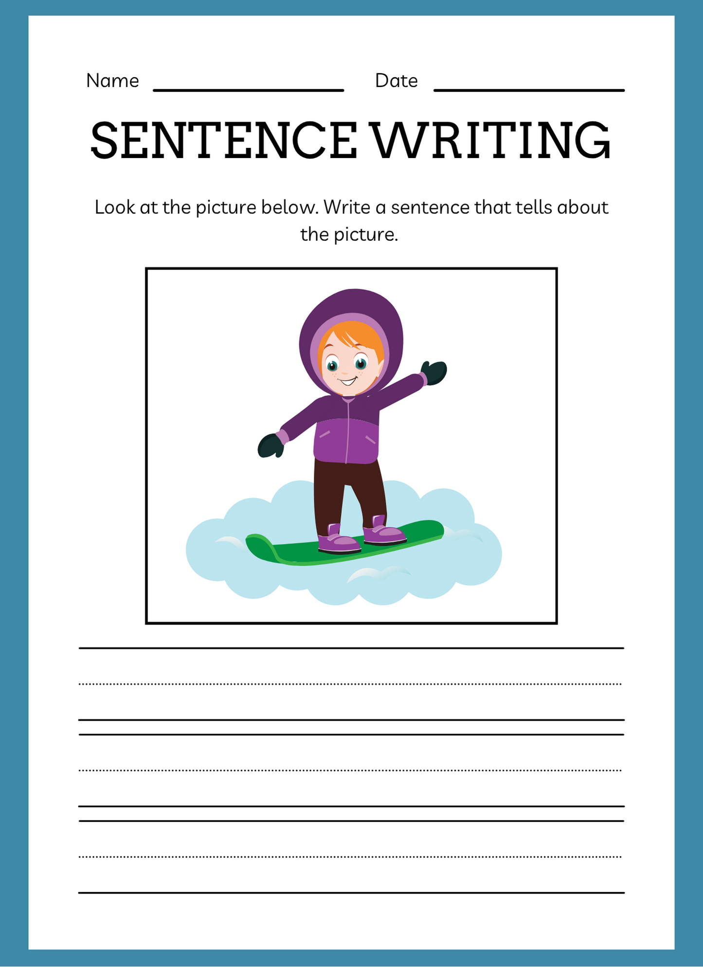 Sentence writing worksheet with a child snowboarding on a cloud illustration.