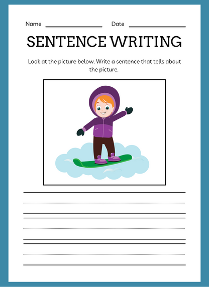 Sentence writing worksheet with a child snowboarding on a cloud illustration.