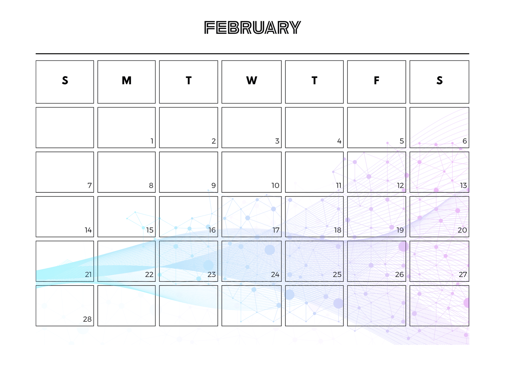 Calendar for February with a light, abstract design on a white background