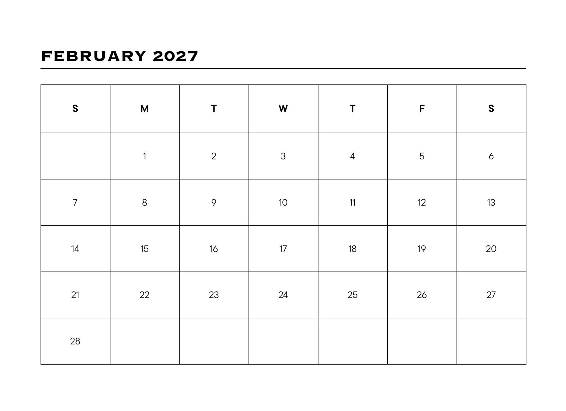 Calendar for February 2027 with days of the week labeled.