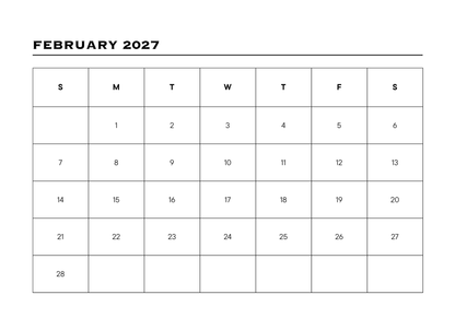 Calendar for February 2027 with days of the week labeled.