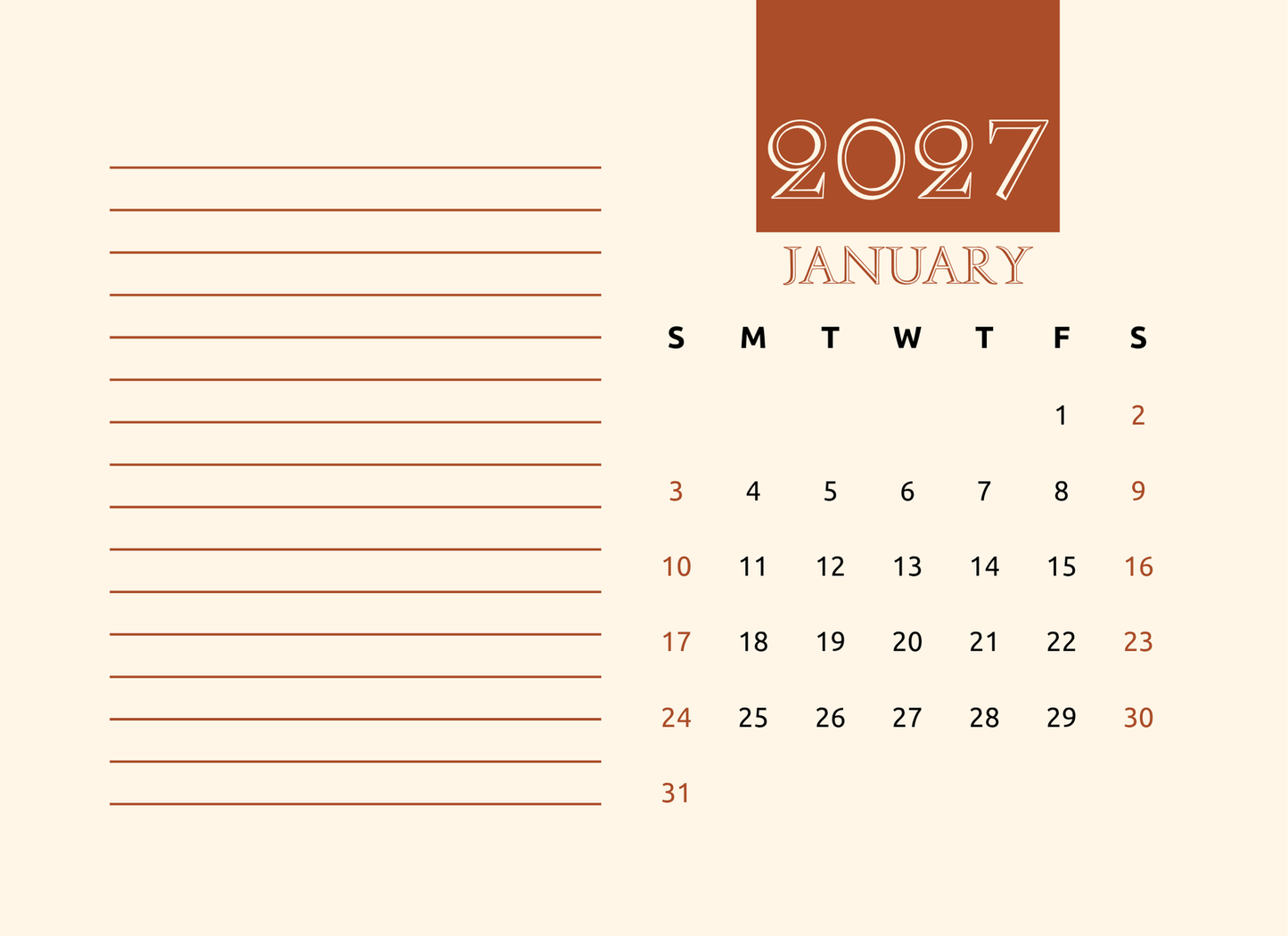 Calendar for January 2027 with a beige background